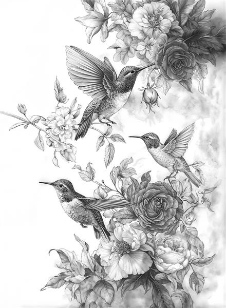 طراحی سیاه و سفید مرغ مگس‌خوار و گل‌های رز وحشی به سبک قلم‌زنی برای کاغذ دیواری اتاق مطالعه، دفترچه یادداشت و کتاب کودک