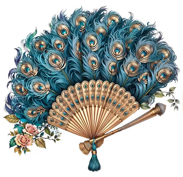 تصویر گرافیکی بادبزن با طرح پر طاووس و گل‌های رز مینیاتوری مناسب چاپ روی بشقاب‌های تزیینی، کوسن و پوسترهای عمودی خاص