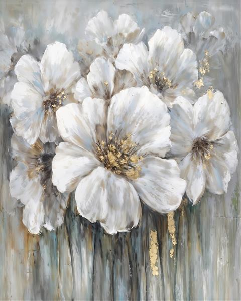 تصویر هنری دسته گل سفید با ورق طلا و پس‌زمینه محو طوسی ایده‌آل برای پوستر دیواری پشت تلویزیون و روتختی دونفره بزرگسال