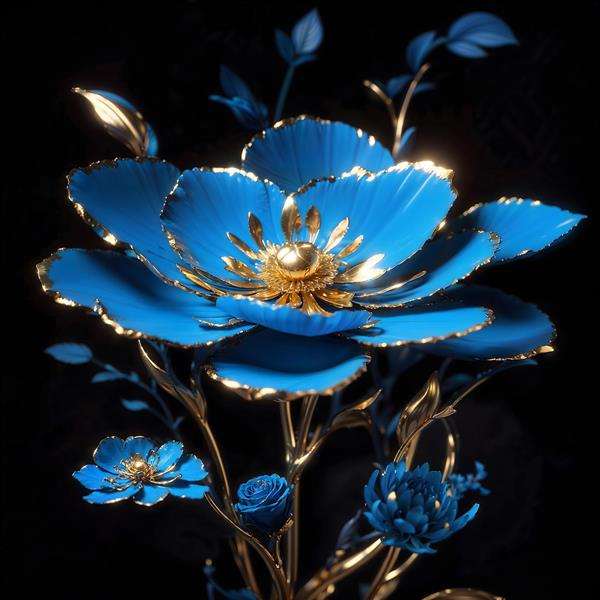 طرح سه بعدی گل آبی متالیک با لبه‌های طلایی درخشان ویژه چاپ پوستر دیواری لاکچری اتاق خواب و کاور گوشی یا دفترچه فانتزی