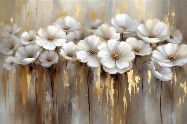 نقاشی مدرن گل‌های سفید برجسته با رگه‌های طلایی لوکس مناسب پوستر دیواری پذیرایی و تابلو دکوراتیو تالار پذیرایی و لابی هتل