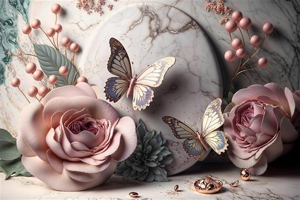 تصویر سه بعدی پروانه‌های طلایی و گل‌های رز برجسته روی دیواره مرمری جهت چاپ پوستر دیواری لوکس سالن پذیرایی