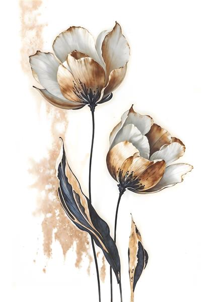 طرح مدرن گل‌های متالیک طلایی و مشکی با پس‌زمینه انتزاعی مناسب پوستر دیواری لوکس پشت تلویزیون و لابی هتل