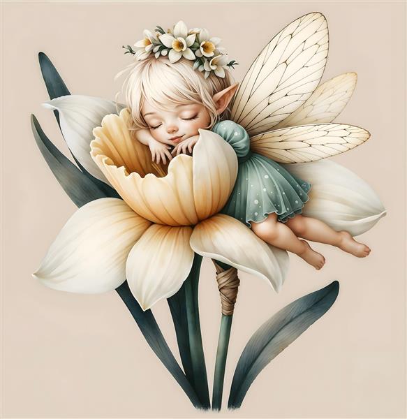 تصویر فانتزی فرشته کوچک خوابیده در میان گل‌های نرگس مناسب پوستر دیواری اتاق کودک، مهدکودک و سیسمونی