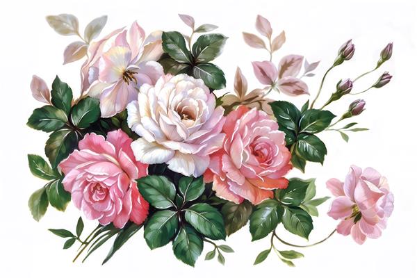 نقاشی دسته گل رز و شکوفه با تم صورتی و سفید ویژه چاپ روی روتختی، کوسن و پوستر دیواری اتاق کودک و نوجوان