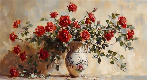 تابلو نقاشی رنگ روغن گلدان پر از رزهای سرخ با سبک کلاسیک اروپایی برای پوستر دیواری اتاق نهارخوری و پذیرایی