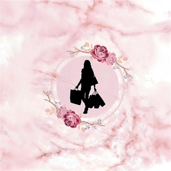 لوگوی فانتزی زن در حال خرید با تم گل رز صورتی و سنگ مرمر مناسب پوستر دیواری مزون لباس و سالن‌های زیبایی
