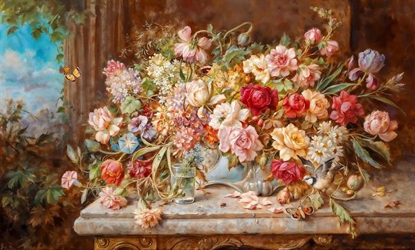 منظره کلاسیک میز گل و ایوان عمارت قدیمی برای پوستر دیواری سه بعدی هال و پذیرایی با نمای طبیعت و پروانه ویژه چاپ کاغذ دیواری منظره