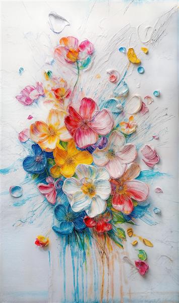 تابلو نقاشی رنگ روغن با طرح گل‌های رنگارنگ و تکنیک کاردک مناسب برای پوستر دیواری عمودی، چاپ روی دفترچه و ملزومات فانتزی اتاق جوان
