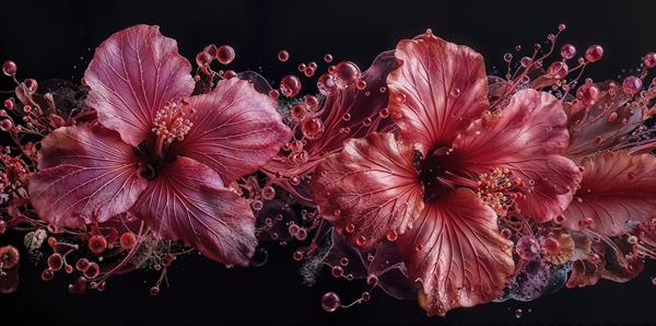 طرح پانوراما گل‌های هبیسکوس سرخ و حباب‌های آب برای پوستر دیواری پشت تلویزیون و استخر ویژه چاپ پوستر عریض و بنر‌های تزئینی لوکس