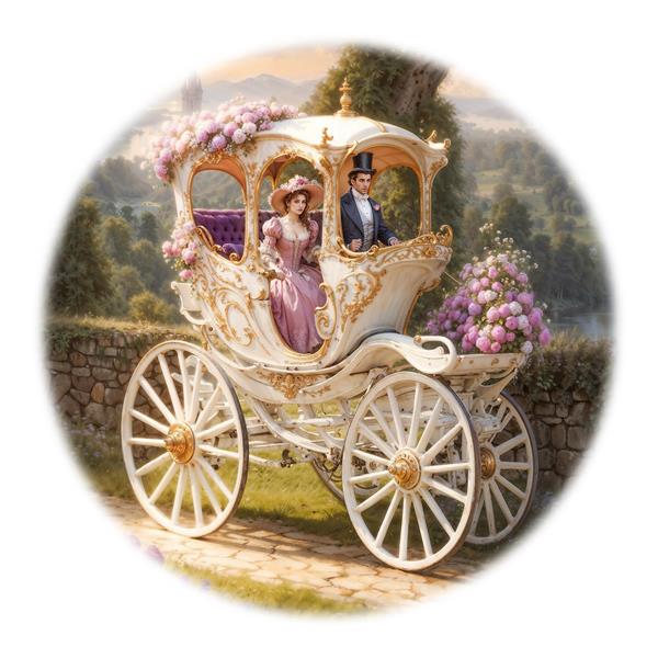 نقاشی کلاسیک درشکه سلطنتی و زوج اشرافی در طبیعت برای پوستر دیواری اتاق پذیرایی و تالار تشریفات ویژه چاپ کاغذ دیواری و تابلو دکوراتیو لوکس