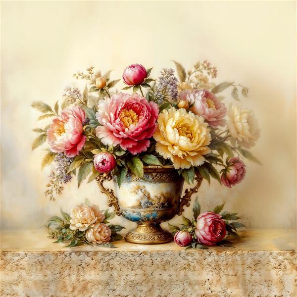 نقاشی نئوکلاسیک گلدان گل‌های درشت صورتی و زرد مناسب برای پوستر دیواری سالن کنفرانس و سالن‌های زیبایی لوکس