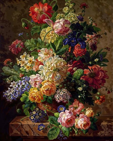 چیدمان عمودی گل‌های وحشی و رز در گلدان مسی ایده آل برای چاپ تابلو دکوراتیو آشپزخانه و کاغذ دیواری رستوران‌های سنتی