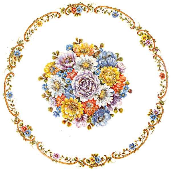 کادر دایره‌ای طلایی با تزئینات گل‌های رنگارنگ آبرنگی مناسب چاپ روی بشقاب‌های دکوری، گیفت عروسی و کاغذ دیواری