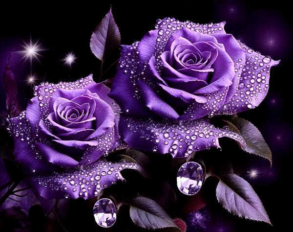 تصویر فانتزی رز بنفش با قطرات شبنم و الماس درخشان برای پوستر سه بعدی اتاق خواب، آرایشگاه زنانه و مزون
