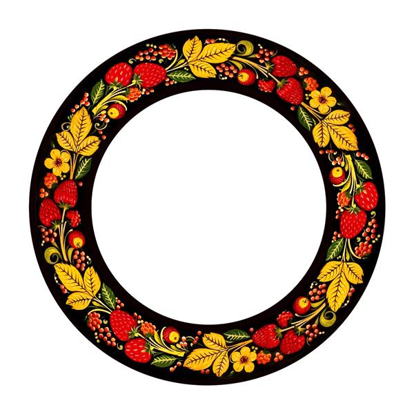 طرح دایره‌ای میوه و توت‌فرنگی با پس‌زمینه مشکی سبک سنتی برای چاپ روی ظروف تزیینی، سینی و کاغذ دیواری آشپزخانه