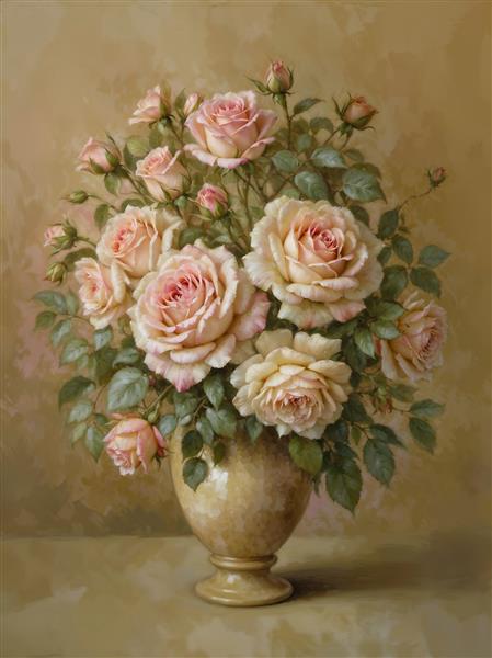 گلدان گل رز کرم و صورتی با نورپردازی ملایم کلاسیک جهت چاپ پوستر دیواری پشت تلویزیون و تابلو بوم اتاق مستر