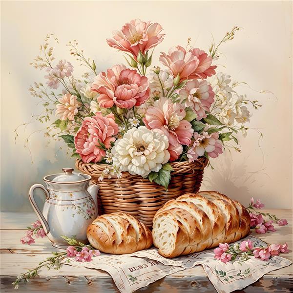 استایل نقاشی سبد گل رز و نان تازه برای کاغذ دیواری آشپزخانه، نانوایی فانتزی و تابلو دکوراتیو هتل و رستوران
