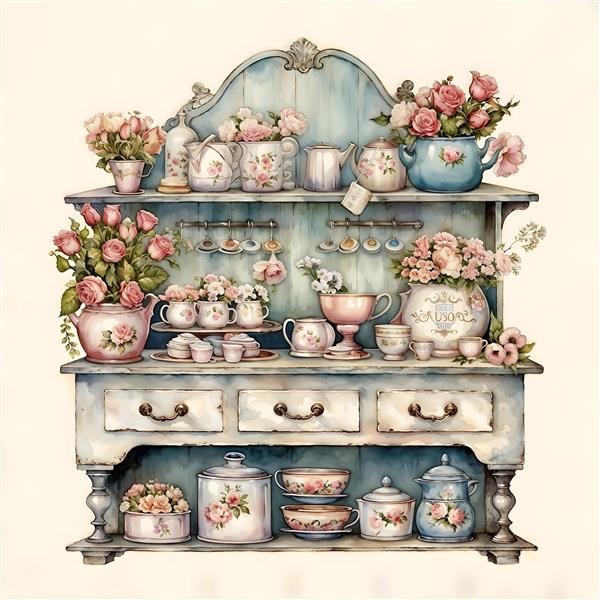 طرح شلف آشپزخانه کلاسیک با ظروف چینی و گل صورتی مناسب چاپ کاغذ دیواری سه بعدی، تابلو دکوراتیو و استیکر کابینت