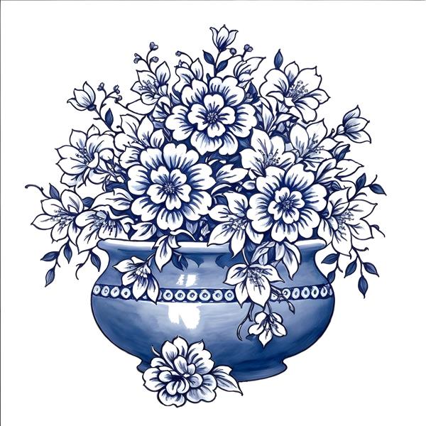 گلدان چینی با طرح گل‌های آبی کلاسیک مناسب برای چاپ روی بشقاب دکوراتیو و کاغذ دیواری آشپزخانه