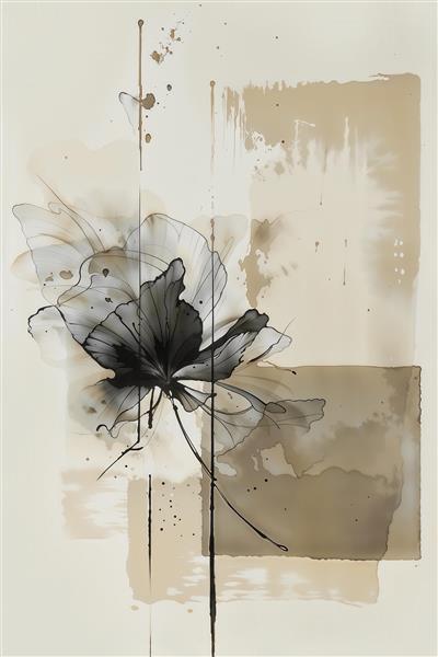 طرح انتزاعی گل تک رنگ مشکی و کرم با سبک آبرنگی مدرن برای پوستر دیواری مینیمال و دفتر کار