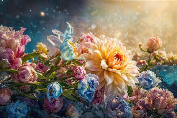 نقاشی رویایی باغ گل‌های رنگارنگ با نورپردازی جادویی و ستاره‌ای مناسب پوستر دیواری اتاق نوجوان و فضاهای خلاقانه