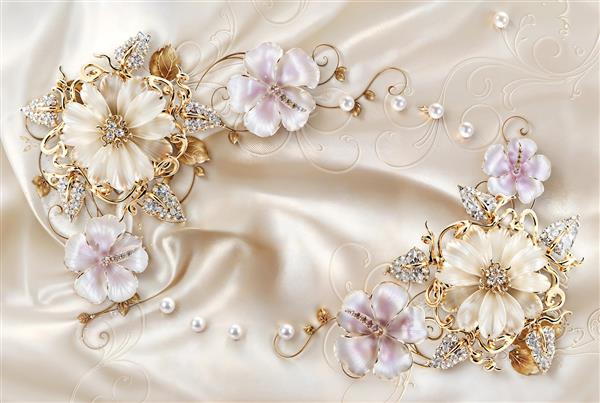 طرح جواهرنشان با گل‌های مرواریدی و کریستال‌های درخشان روی پارچه ساتن برای پوستر دیواری سه بعدی اتاق عروس و تالار