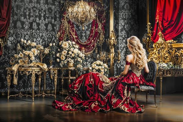 عکس حرفه‌ای مدل زن با لباس اشرافی قرمز در عمارت لوکس و دکوراسیون کلاسیک برای پوستر دیواری آتلیه و مزون لباس