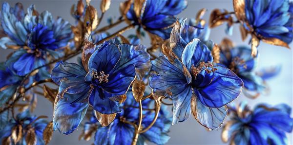 تصویر فانتزی و درخشان گل‌های آبی با جزئیات طلایی و تلالو نور ویژه پوستر دیواری اتاق خواب مدرن و سالن اسپا