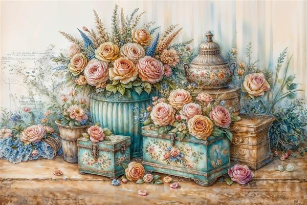 نقاشی آبرنگی سبک شبی‌شیک (Shabby Chic) از گلدان و جعبه‌های آنتیک گل رز مناسب پوستر دیواری آشپزخانه و کافه گالری