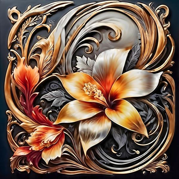 طرح اسلیمی و گچ‌بری مدرن گل لوتوس طلایی و نارنجی ویژه چاپ پوستر دیواری سه بعدی لوکس و کتیبه بالای تخت خواب