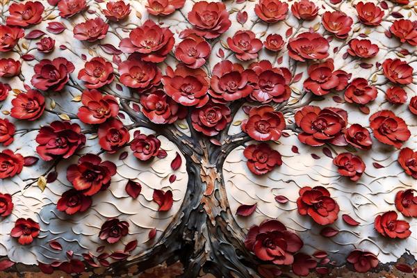 پوستر دیواری سه بعدی با طرح درخت گل‌های رز زرشکی برجسته و تنه قهوه‌ای تیره برای پشت مبلمان و اتاق خواب مستر