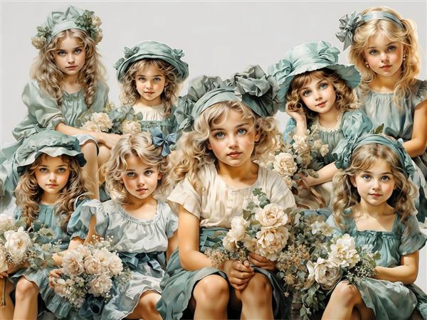 تصویر هنری گروهی از دختران زیبا با لباس‌های کلاسیک آبی و دسته‌گل‌های رز برای پوستر دیواری اتاق خواب و جلد مجله