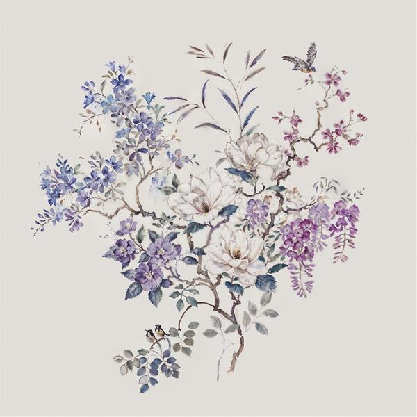 طرح اسلیمی گل و مرغ با شکوفه‌های مگنولیا و پرندگان مینیاتوری مناسب چاپ کاغذ دیواری، رانر و پرده سالن پذیرایی