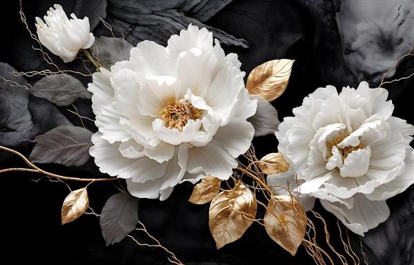 تصویر باکیفیت گل‌های صدتومانی سفید و برگ‌های طلایی در زمینه مشکی لوکس برای پوستر دیواری سه بعدی و روتختی بزرگسال