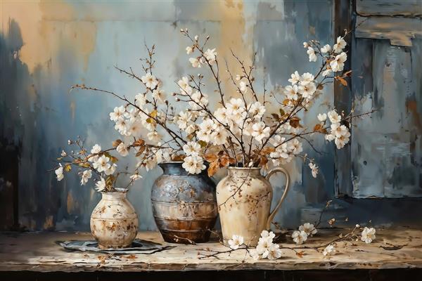 تابلو نقاشی کلاسیک گلدان شکوفه‌های سفید با سبک هنری قدیمی مناسب دکوراسیون کافه، رستوران و پوستر دیواری سنتی