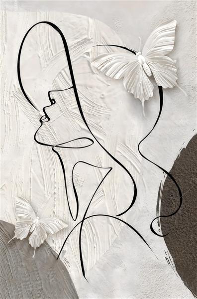 خط‌نگاره مدرن چهره زن و پروانه به سبک مینیمال سفید و مشکی مناسب پوستر دیواری آرایشگاه زنانه و تابلو دکوراتیو عمودی