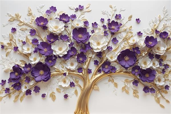 پوستر دیواری طرح درخت فانتزی با شکوفه‌های بنفش و سفید برجسته و تنه طلایی برای دکوراسیون سالن زیبایی و اتاق نشیمن