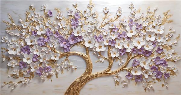 درخت شکوفه برجسته با گل‌های سفید و بنفش و تنه طلایی لوکس برای پوستر دیواری سه بعدی پشت تلویزیون و لابی هتل