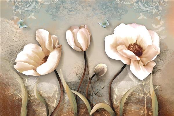 طرح رمانتیک گل‌های شقایق صورتی و سفید با پس‌زمینه فانتزی ویژه چاپ پرده تصویری و پوستر دیواری سه بعدی اتاق خواب دخترانه