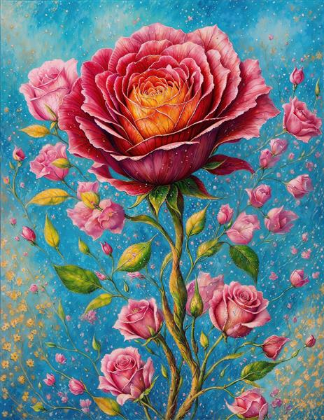 شاخه تک گل رز سرخ درخشان در فضای فانتزی آبی برای پوستر دیواری مدرن، چاپ روی کاور گوشی و دفترچه های هنری