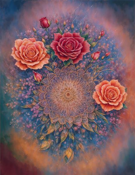 طرح ماندالا با ترکیب گل‌های رز در زمینه سرمه‌ای و بنفش مناسب برای پوستر دیواری مدیتیشن، سالن یوگا و اتاق خواب آرامش‌بخش