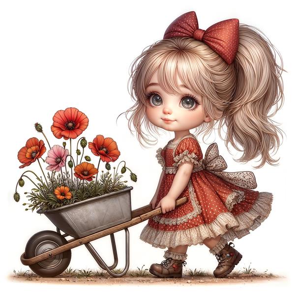 کاراکتر کارتونی دختر کوچولو با چرخ‌دستی گل‌های شقایق برای پوستر دیواری اتاق کودک، مهدکودک و تزیینات سرویس خواب نوزاد