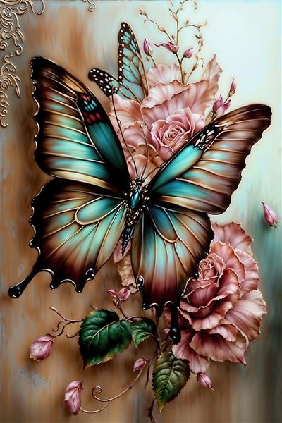 تصویر سه بعدی پروانه فیروزه‌ای بزرگ روی گل‌های رز کالباسی ویژه پوستر دیواری پشت تلویزیون و دیوارهای شاخص پذیرایی