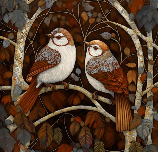 نقاشی هنری دو پرنده روی شاخه با رنگ‌های قهوه‌ای و پاییزی برای پوستر دیواری اتاق مطالعه، دفتر کار و تزیینات چوبی منزل