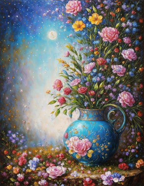 گلدان گل‌های رنگارنگ در شب مهتابی با سبک امپرسیونیسم مناسب برای پوستر دیواری اتاق نشیمن و تابلوهای دکوراتیو کافه