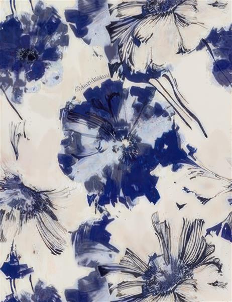 طرح انتزاعی و مدرن گلهای آبی با ضربه قلمو درشت برای پوستر دیواری سه بعدی، سالن کنفرانس و محیط های اداری باکلاس