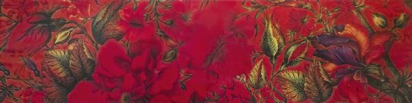 طرح هنری و انتزاعی گلهای سرخ روی زمینه زرشکی تیره مناسب برای کاغذ دیواری سه بعدی پذیرایی و سالن های مجلل و لابی هتل