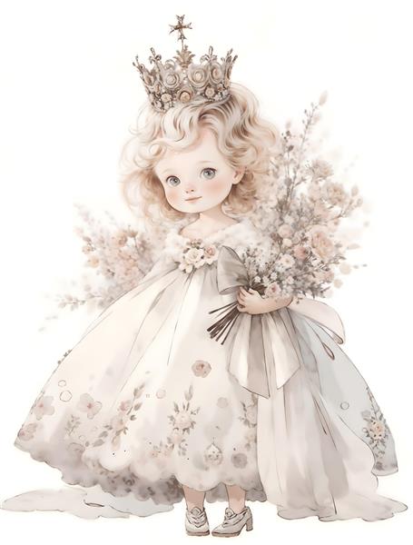 تصویر فانتزی دختر بچه فرشته با تاج طلایی و دسته گل مناسب پوستر دیواری اتاق کودک، مهدکودک و چاپ روی دفترچه و وسایل نوزاد
