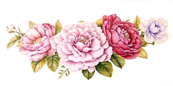 حاشیه گل‌های رز درشت صورتی و قرمز با سبک کلاسیک برای پوستر دیواری پانوراما، بالای تخت خواب و چاپ روی کوسن و رومیزی